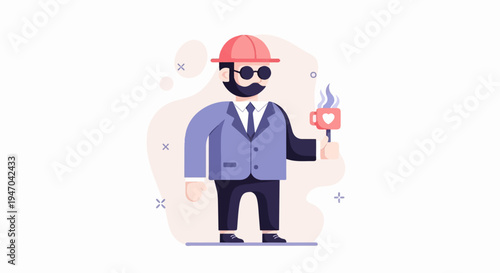 Bearded man in suit, hard hat, glasses, holding steaming heart mug