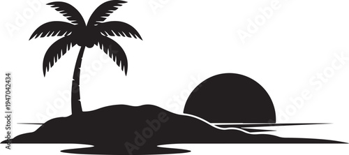 Black silhouette tropical island with palm tree vector