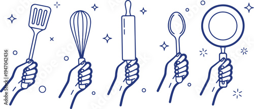 Hands holding kitchen utensils and cooking tools linear icon set