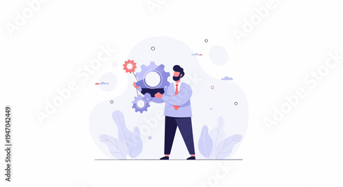 Bearded man in suit assembling gears, abstract background with plants