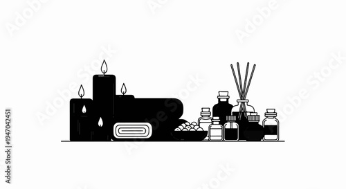 Black silhouette of spa items lit candles, rolled towel, bowl of stones, diffuser