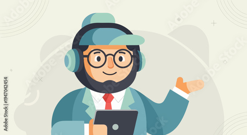 Bearded man with headphones and tablet gestures warmly