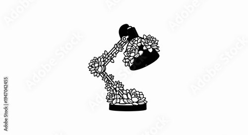 Black and white drawing of a desk lamp adorned with succulent plants