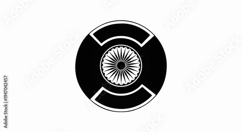 Black and white circular emblem with radiating spokes and arch shapes
