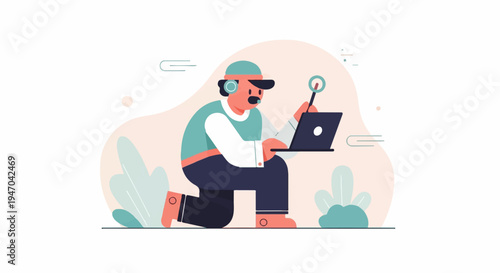 Cartoon character on one knee with headset, laptop, and pointer