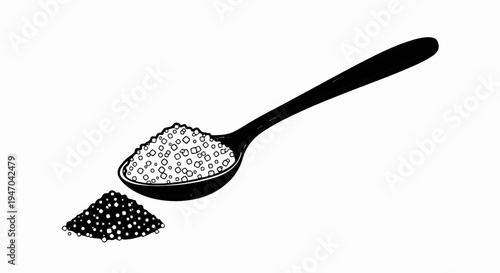 Black spoon filled with granular white sugar and a small pile spilled