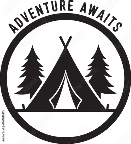 Black vector icon of tent and trees with 'ADVENTURE AWAITS' text