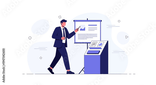 Businessman presenting a financial report on a flip chart and digital display