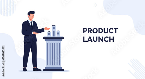Businessman presenting product launch on pedestal with modern abstract background
