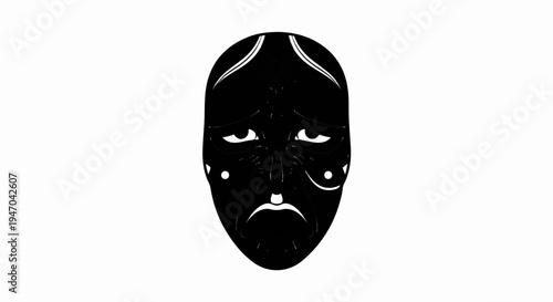 Black tragic mask with white accents on a white background