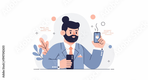 Bearded man in suit holding smartphones, digital art with abstract shapes