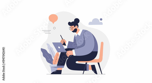 Bearded person in glasses working on laptop and phone