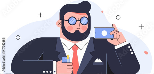 Bearded man in suit holds phone and credit card, abstract background