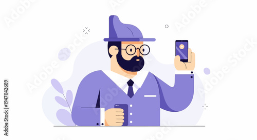 Bearded man in hat holding two smartphones, one for selfie