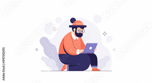 Bearded person in hat and orange shirt using a laptop