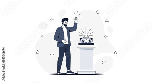 Man in Suit Raising Hand Next to Glowing Object on Pedestal