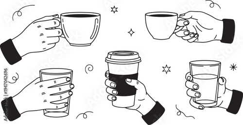 Human hands holding coffee cups and tea glasses line art collection