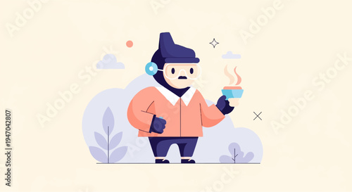 Cartoon character wearing goggles and a hat, holding a steaming mug