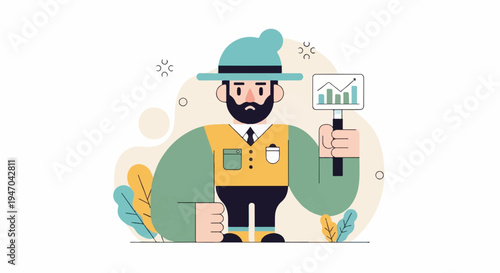 Bearded man in hat and vest holds chart showing upward trend