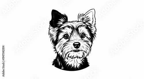 Black and white drawing of a scruffy dog with perky ears and bright eyes