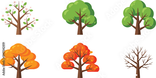 Seasonal trees collection spring summer autumn winter forest nature flat cartoon vector illustration set