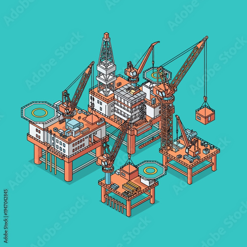 Isometric illustration of an offshore oil rig complex with multiple platforms.