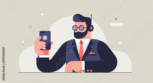 Bearded man in suit taking selfie with vintage headphones