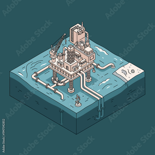 Isometric illustration of an offshore oil platform with pipelines and surrounding ocean.