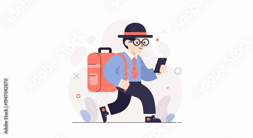 Boy in hat and glasses with backpack and phone walks