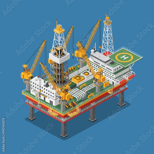 Isometric illustration of an offshore oil rig, showcasing its complex structure and operations.