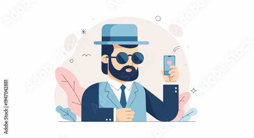 Bearded man in hat and sunglasses taking selfie with heart on phone