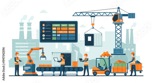 Industrial Manufacturing Process with Automation & Robotics. Factory Production Line, Supply Chain Management, and Digital Workflow in Modern Industry.