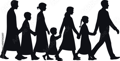 Family walking together silhouettes, parents and children holding hands, unity love and togetherness concept, happy family relationship illustration isolated on white background