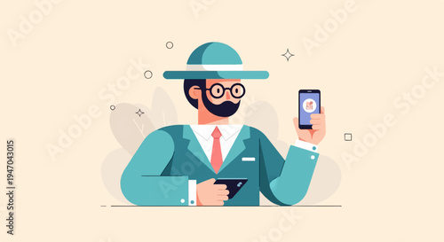 Bearded man in hat and suit holds up two phones with digital display