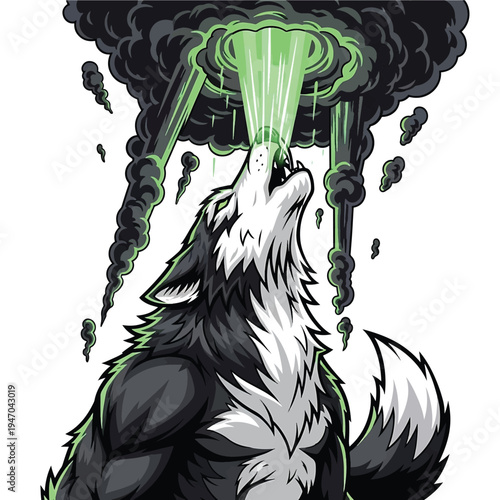 Howling Wolf Under Green Laser Show in Dark Sky