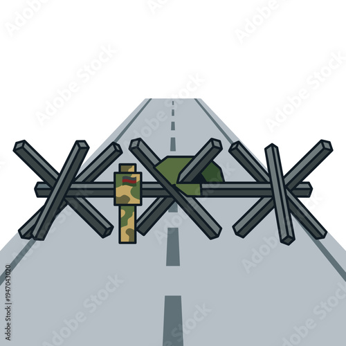 Military anti tank barrier blocking road with soldier checkpoint defense obstacle concept of war protection and restricted movement