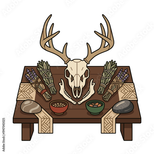 Ritual altar with deer skull antlers herbs bowls stones and wooden table arrangement symbolizing pagan spirituality and mystical ceremony