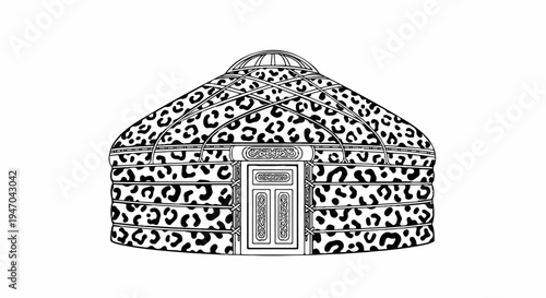 Black and white drawing of a yurt with a leopard print pattern