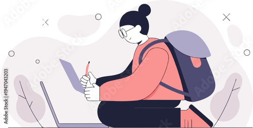 Cartoon character with backpack uses laptop and pen, study abroad concept