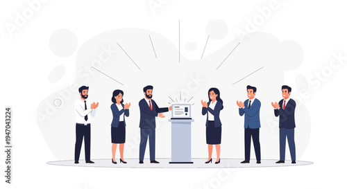 Business Team Applauding Launch of New Technology Product on Stage