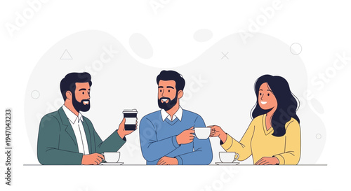 Three friends enjoying coffee together, casual meeting, conversation, modern illustration