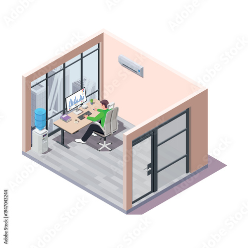 Businessman analyzing financial statistics on monitor in isometric workspace.
