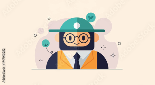Cartoon character in a hat and vest with glasses, whimsical design