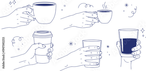 Set of outline illustrations featuring human hands holding various hot and cold beverages in different cups and glasses