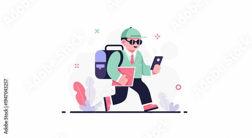 Cartoon character with backpack holding a phone and book while walking