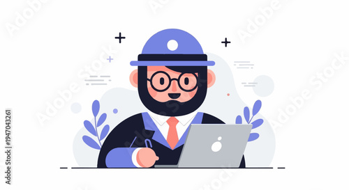 Bearded man in hat and glasses works on a laptop at a desk