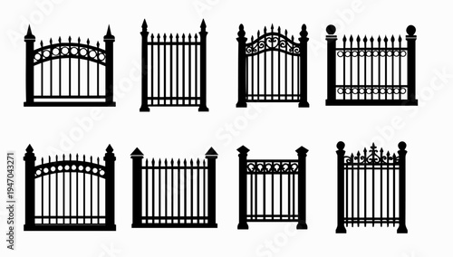 Elegant black fence silhouettes with posts – decorative metal gate vector set