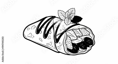 Black and white drawing of a fruit-filled crepe drizzled with chocolate and garnished with mint