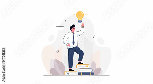 Businessman climbing steps made of books to reach a glowing idea bulb