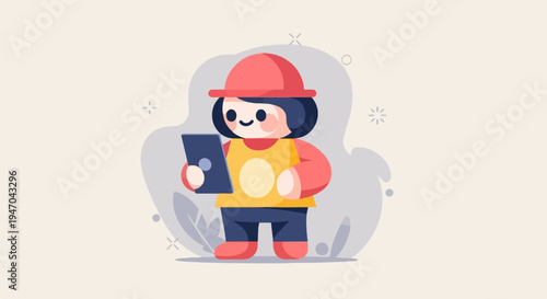 Cartoon character in a red hat looking at a tablet device